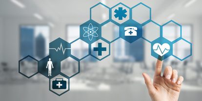 Hand of woman touching icon of media screen with medicine concept